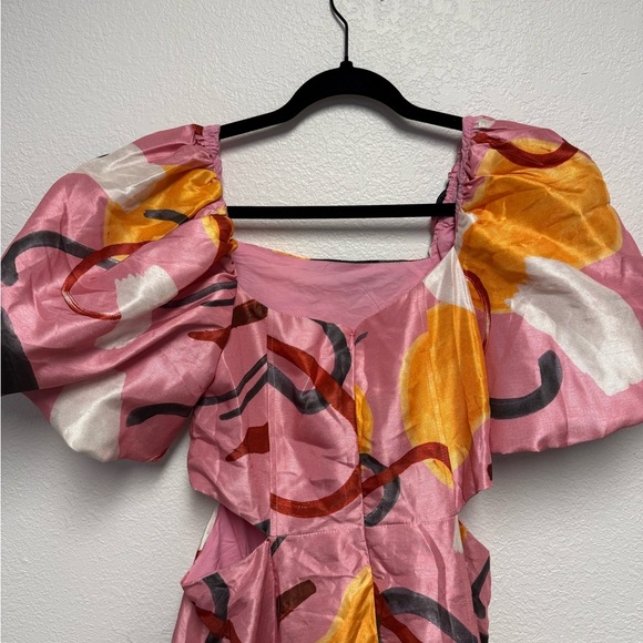 Aureta Studio Pink Abstract Puff Sleeve Cutout Midi Dress NWT Size S Anthro - Picture 9 of 12